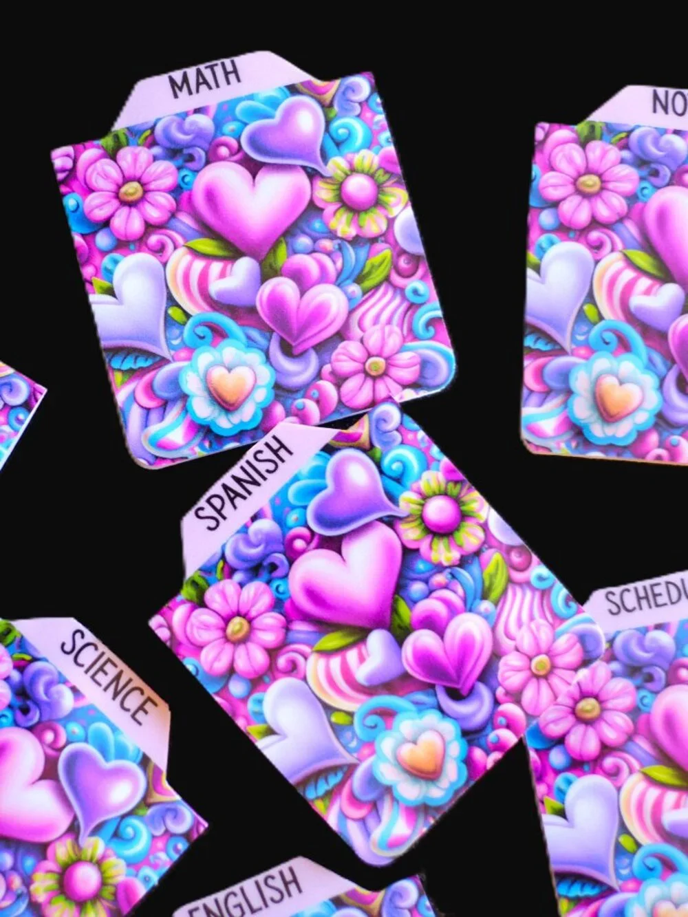 Handmade School Subject Magnetic Tabs, dividers, 3d purple hearts, notebook